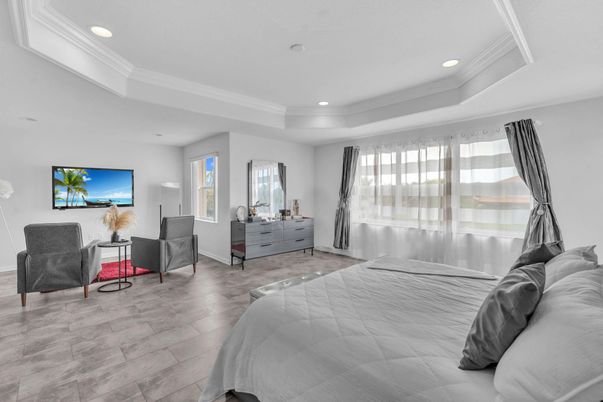 Bedroom, Interior, Recessed Lighting, Wood Texture Flooring