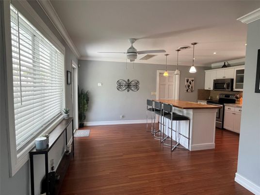 Interior, Kitchen, Pendant Lights, Recessed Lighting, Stainless Steel Appliances, Wood Texture Flooring