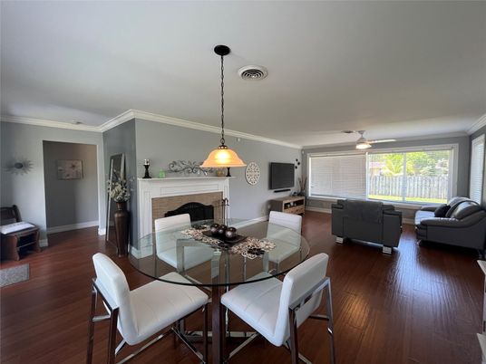 Dining room, Fireplace, Interior, Living room, Pendant Lights, Wood Texture Flooring