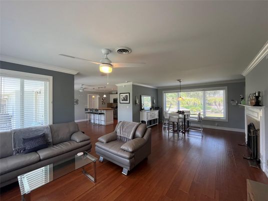Dining room, Fireplace, Interior, Living room, Pendant Lights, Wood Texture Flooring