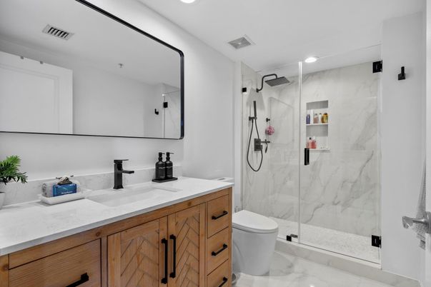Bathroom, Glass Shower, Interior, Marble, Marble Walls, Recessed Lighting