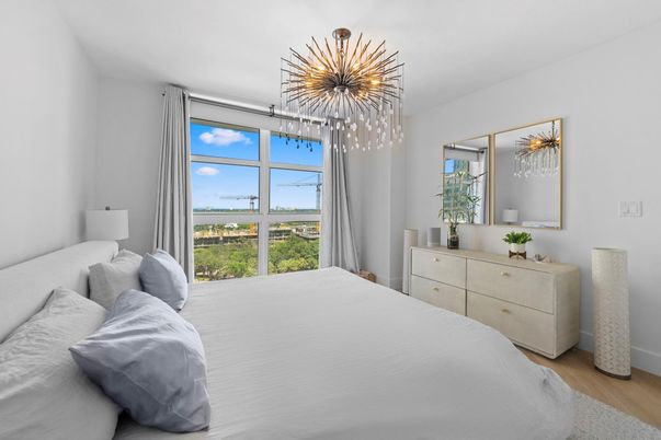 Bedroom, Interior, Pendant Lights, Water, Wood Texture Flooring