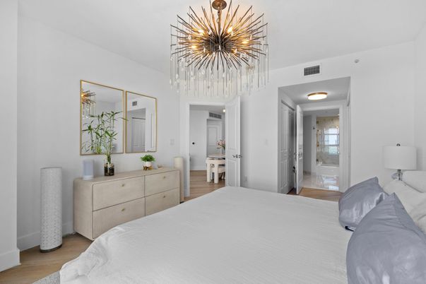 Bedroom, Chandelier, Interior, Wood Texture Flooring