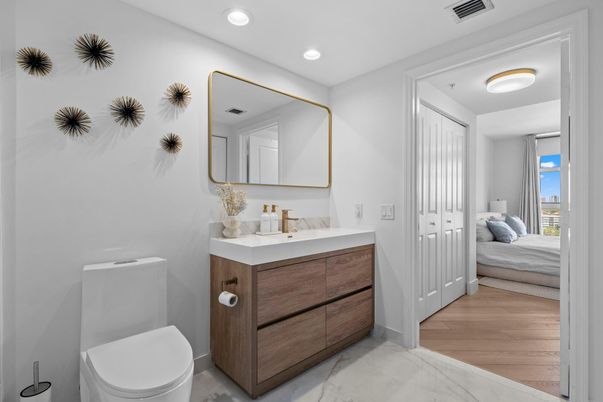 Bathroom, Bedroom, Interior, Recessed Lighting, Wood Texture Flooring