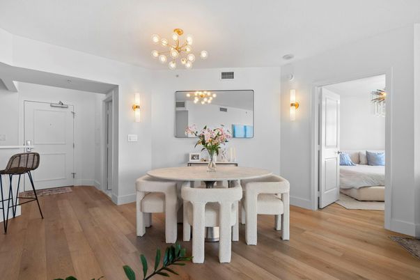 Bedroom, Dining room, Interior, Pendant Lights, Wood Texture Flooring