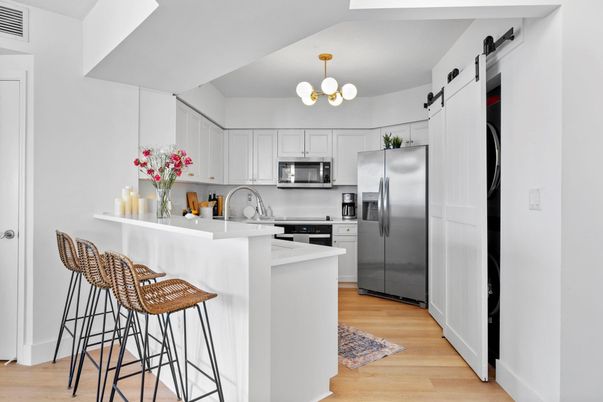 Chandelier, Interior, Kitchen, Pendant Lights, Stainless Steel Appliances, Wood Texture Flooring