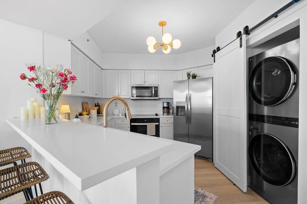 Interior, Kitchen, Stainless Steel Appliances, Washer, Wood Texture Flooring