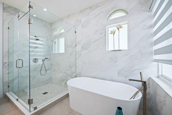 Bathroom, Free Standing Baths, Glass Shower, Interior, Marble Walls, Recessed Lighting