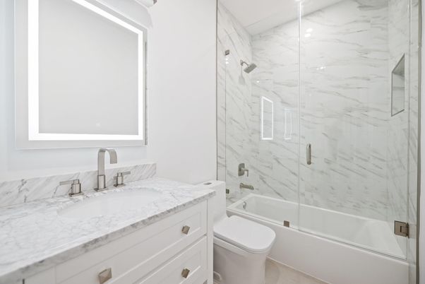 Bathroom, Glass Shower, Interior, Marble Walls, Recessed Lighting