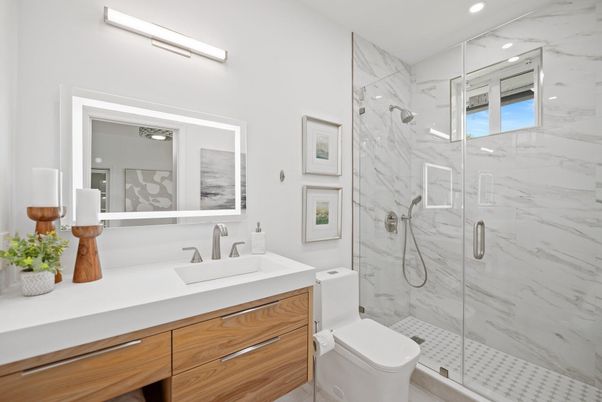 Bathroom, Glass Shower, Interior, Marble Walls, Recessed Lighting