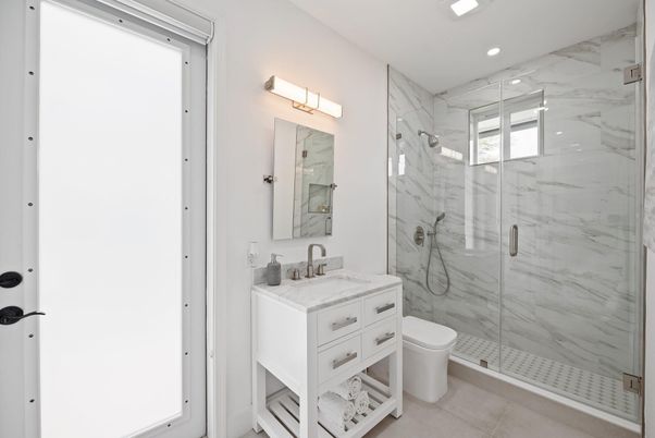Bathroom, Glass Shower, Interior, Marble Walls, Recessed Lighting