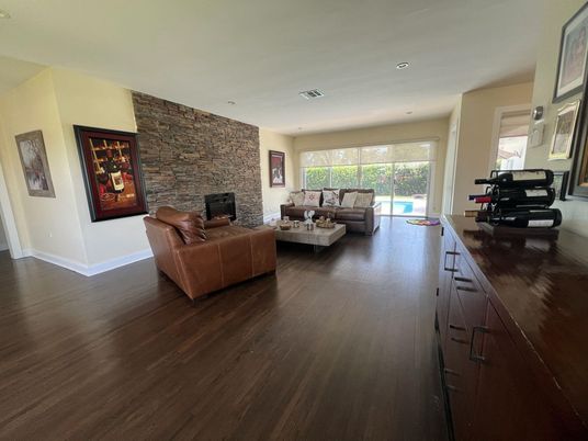 Interior, Living room, Recessed Lighting, Stone Walls, Wood Texture Flooring