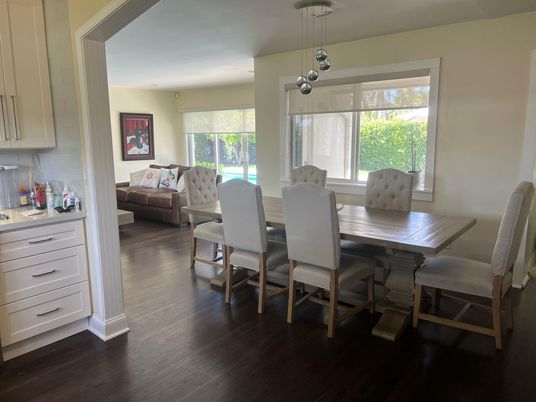 Dining room, Interior, Pendant Lights, Wood Texture Flooring