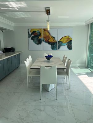 Dining room, Interior, Marble, Pendant Lights