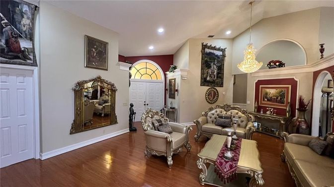 Chandelier, Interior, Living room, Recessed Lighting, Wood Texture Flooring