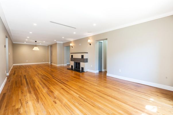 Empty room, Interior, Pendant Lights, Recessed Lighting, Wood Texture Flooring