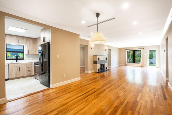 Interior, Kitchen, Pendant Lights, Recessed Lighting, Wood Texture Flooring