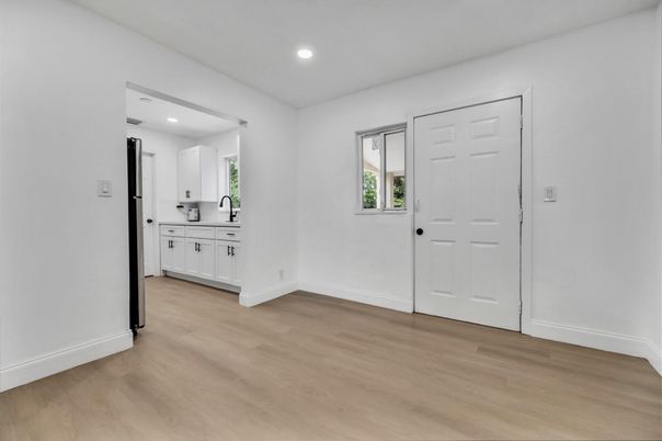 Empty room, Interior, Kitchen, Recessed Lighting, Wood Texture Flooring
