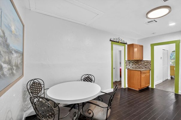 Dining room, Interior, Kitchen, Recessed Lighting, Wood Texture Flooring