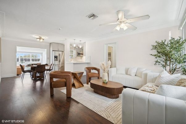 Dining room, Interior, Kitchen, Living room, Stainless Steel Appliances, Wood Texture Flooring