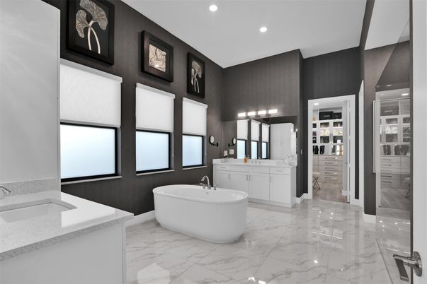 Bathroom, Dual Sink Vanities, Free Standing Baths, Interior, Marble, Recessed Lighting