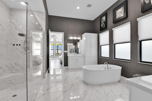 Bathroom, Free Standing Baths, Glass Shower, Interior, Marble, Marble Walls, Recessed Lighting