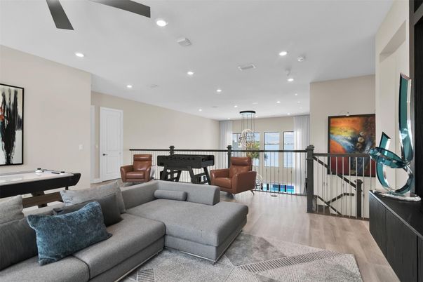 Billiard Table, Game Room, Interior, Living room, Pendant Lights, Recessed Lighting, Wood Texture Flooring