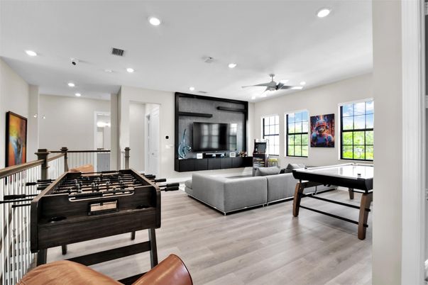 Game Room, Interior, Living room, Recessed Lighting, Wood Texture Flooring
