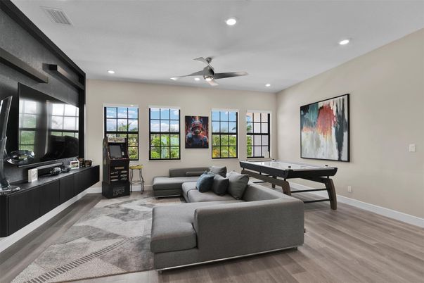 Game Room, Interior, Living room, Recessed Lighting, Wood Texture Flooring