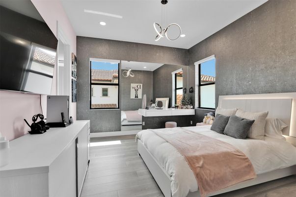 Bedroom, Interior, Pendant Lights, Recessed Lighting, Wood Texture Flooring