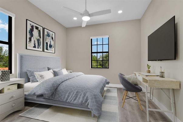 Bedroom, Home Office, Interior, Recessed Lighting, Wood Texture Flooring