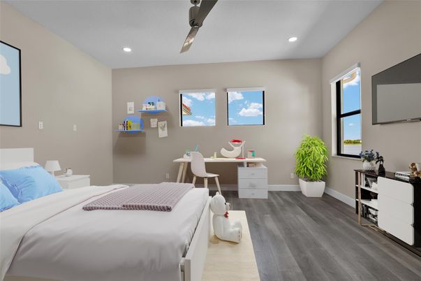 Bedroom, Home Office, Interior, Recessed Lighting, Wood Texture Flooring