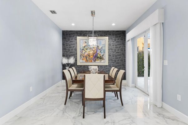 Dining room, Interior, Marble, Pendant Lights, Recessed Lighting, Stone Walls