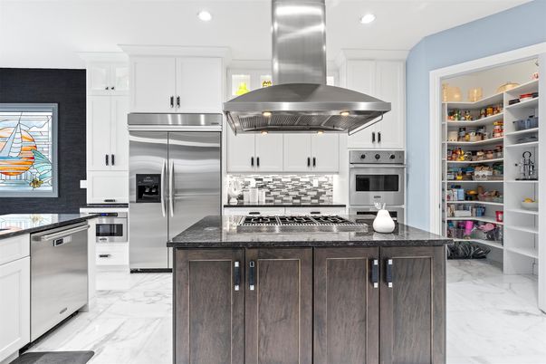 Interior, Kitchen, Marble, Recessed Lighting, Stainless Steel Appliances