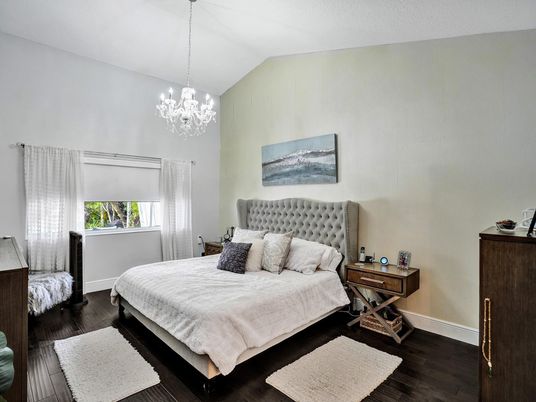 Bedroom, Chandelier, Interior, Wood Texture Flooring