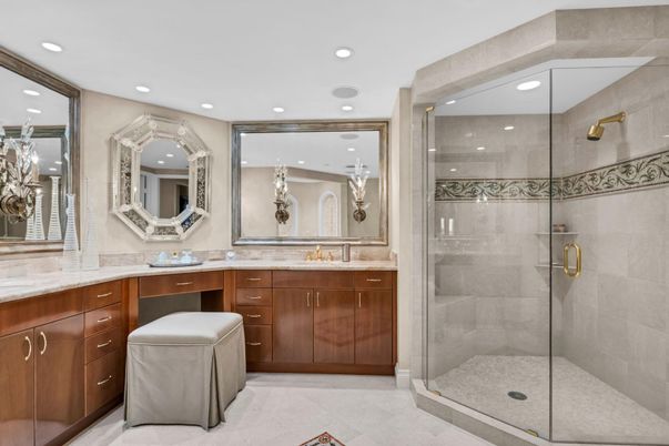Bathroom, Dual Sink Vanities, Glass Shower, Interior, Recessed Lighting