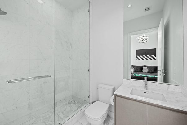 Bathroom, Glass Shower, Interior, Marble, Marble Walls, Recessed Lighting