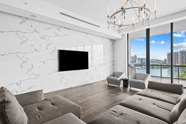 Chandelier, Interior, Living room, Marble Walls, Pendant Lights, Water, Wood Texture Flooring
