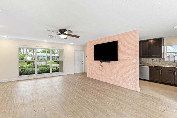 Empty room, Interior, Kitchen, Recessed Lighting, Stone Walls, Wood Texture Flooring
