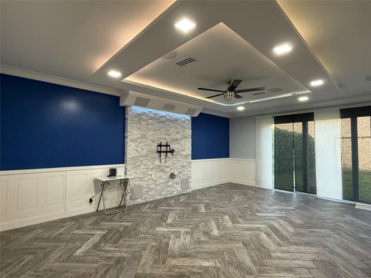 Empty room, Interior, Recessed Lighting, Stone Walls, Wood Texture Flooring