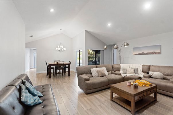 Chandelier, Dining room, Interior, Living room, Recessed Lighting, Wood Texture Flooring