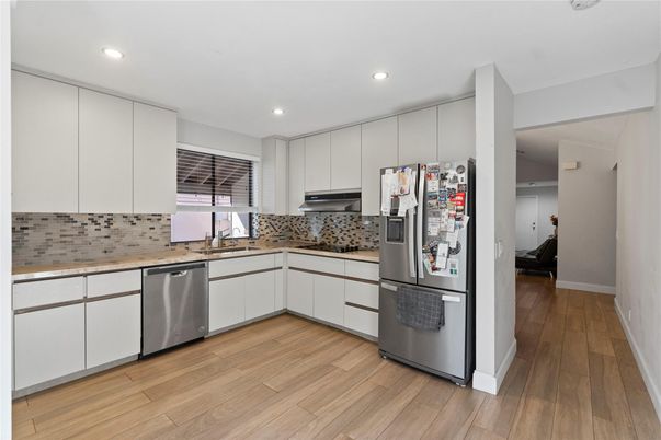Interior, Kitchen, Recessed Lighting, Stainless Steel Appliances, Wood Texture Flooring
