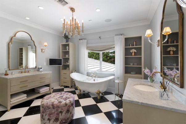 Bathroom, Dual Sink Vanities, Free Standing Baths, Interior, Pendant Lights, Recessed Lighting