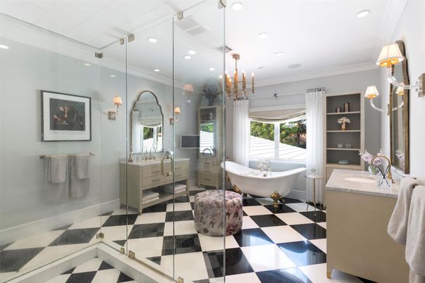 Bathroom, Dual Sink Vanities, Free Standing Baths, Glass Shower, Interior, Pendant Lights, Recessed Lighting