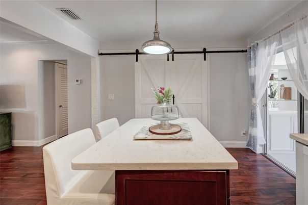 Dining room, Interior, Pendant Lights, Wood Texture Flooring