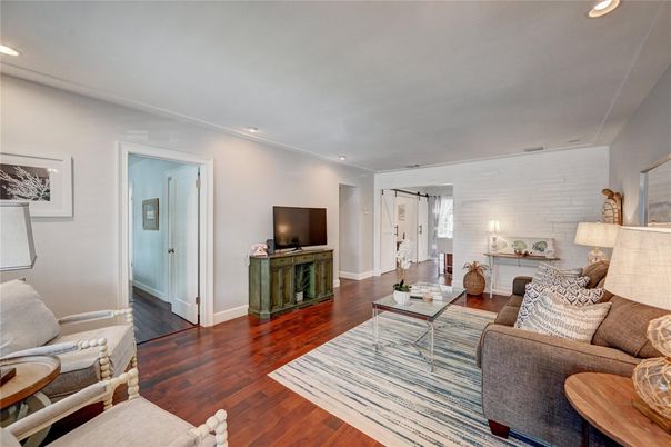 Fireplace, Interior, Living room, Recessed Lighting, Wood Texture Flooring