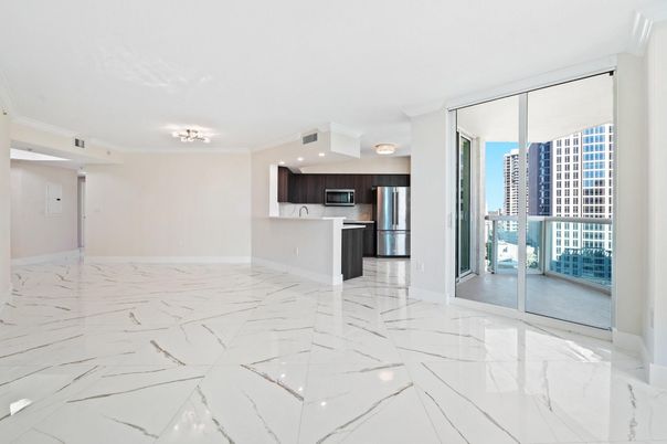 Empty room, Interior, Kitchen, Marble, Recessed Lighting, Stainless Steel Appliances