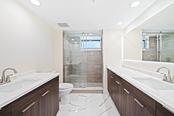 Bathroom, Dual Sink Vanities, Glass Shower, Interior, Marble, Recessed Lighting