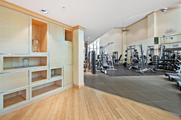 Fitness Equipment, Gym, Interior, Recessed Lighting, Wood Texture Flooring