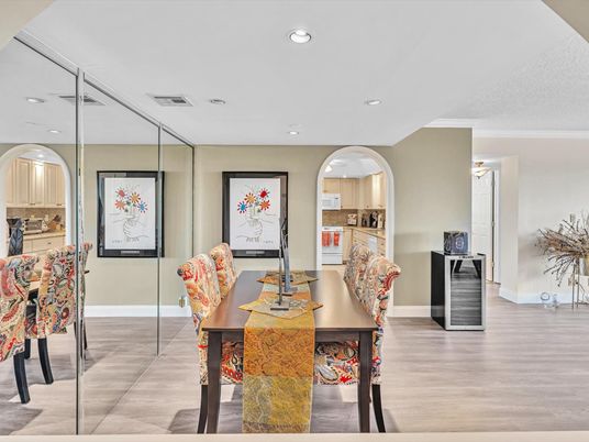 Dining room, Interior, Kitchen, Recessed Lighting, Wood Texture Flooring